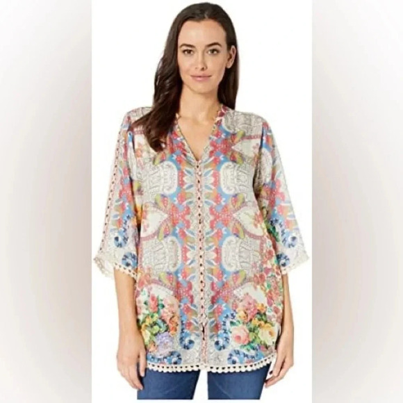 Johnny Was Blush Button Down Silk Blouse Top Tunic size XS - Picture 3 of 12